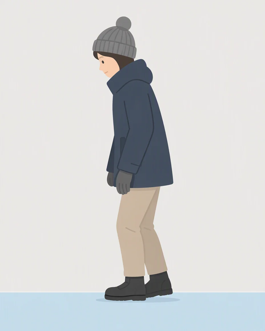 帽子と手袋をつけ、少し前かがみになって小さな歩幅で歩く人